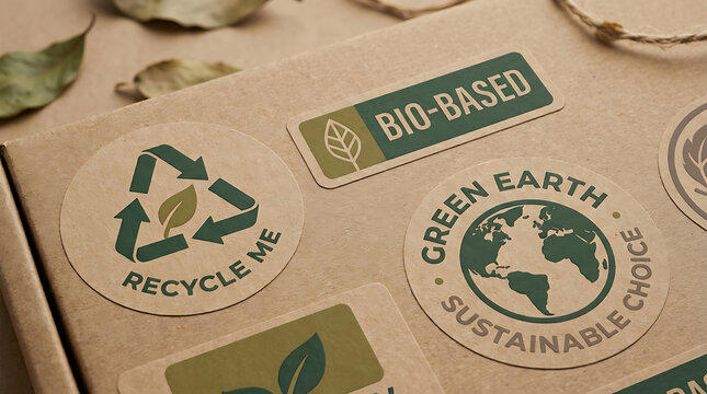 Eco sticker with recycle symbol bio leaf and green earth label on brown paper background representing sustainable natural packaging and ecological waste reduction for environment conservation.