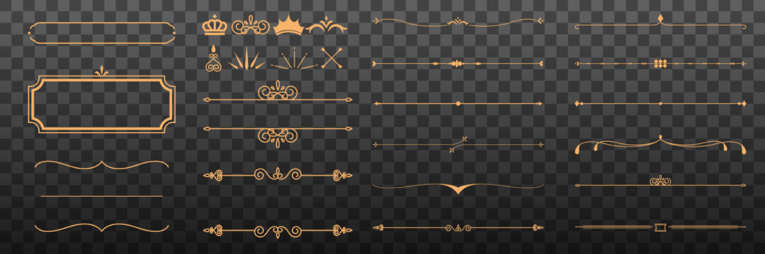 Elegant gold decorative dividers vector set on a transparent background.