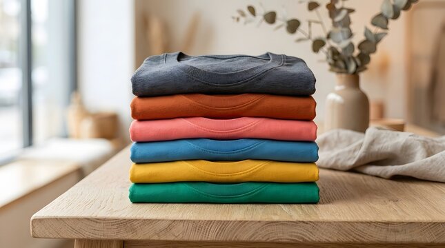Stack of folded colorful cotton t shirts neatly arranged on wooden table interior setting.