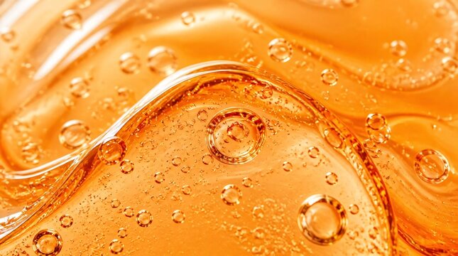 Close up of transparent orange cosmetic gel serum background.