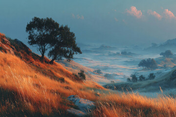 Fototapeta premium Golden dry grass landscape with lone trees in misty valley at sunrise