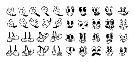 Naklejka premium Cartoon body parts elements set in retro style including hands, eyes, mouths and legs. Perfect for character creation, animation, stickers, comics, and design projects. Vector illustration.
