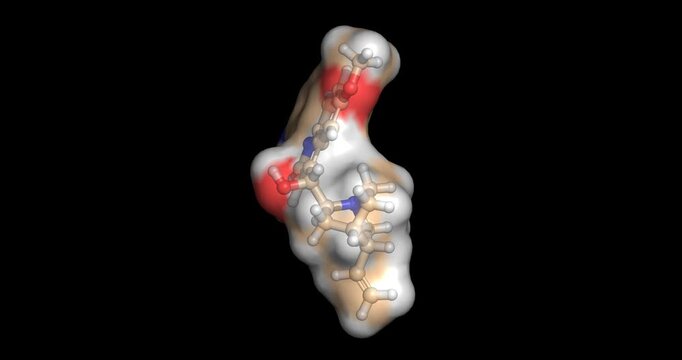 Quinine, rapid-acting alkaloid drug used for acute malaria infection therapy, 3D molecule spinning, 4K