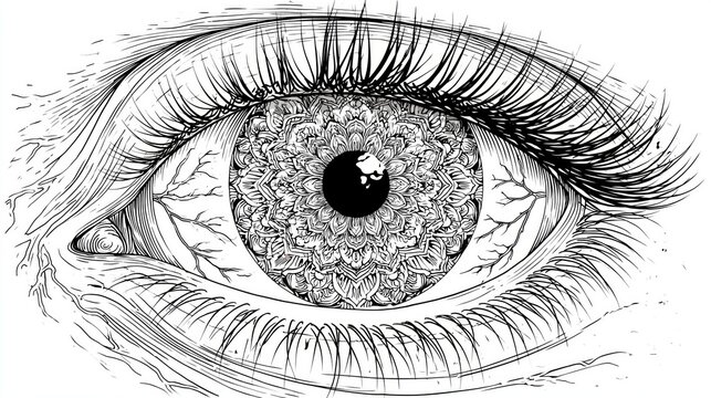 Abstract Eye Anatomy Line Art for Coloring, Detailed line art illustration of a human eye featuring veins on the sclera, eyelashes, and an intricate, abstract mandala pattern filling the iris.
