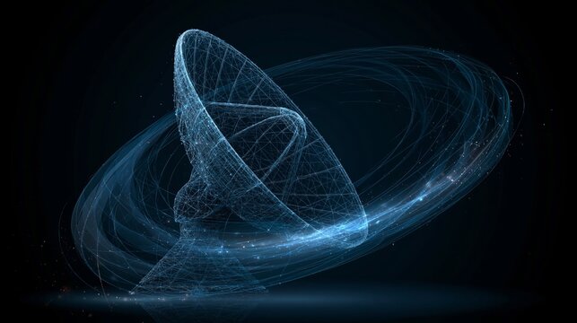 Abstract technology background. Abstract communication satellite dish transmits and receives a radio signal. Directional signal radiates in a spiral. VECTOR