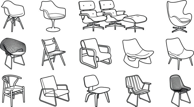 Mid Century Modern Designer Chair and Lounge Seating Icon Set Featuring Eames Lounge Egg Chair Diamond and Wishbone Furniture Line Art Symbols