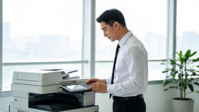 Man operating office machine in front of window