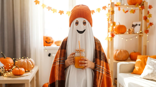 Adorable spooky ghost character wearing vibrant orange sheet and stylish hat holding refreshing citrus beverage juice against luminous backdrop for playful halloween holiday celebration.