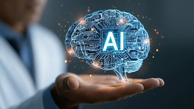 Circuit board in shape electronic brain with gyrus, symbol ai hanging over hand. Symbol of computer neural networks or artificial intelligence in neon cyberspace with glowing title on palm scientist