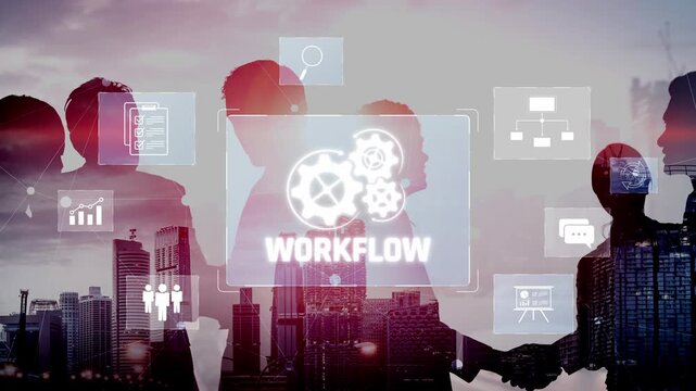 Workflow optimization concept featuring interconnected gears, task management, collaboration, process mapping, review, and automation for business productivity and efficiency Marrow