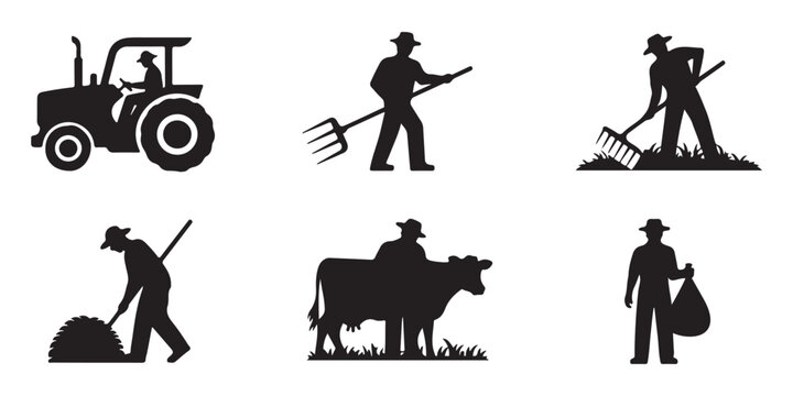 Agricultural icons collection featuring farmers working with tractors hay pitchforks and cows for modern farm branding and organic produce industry designs.