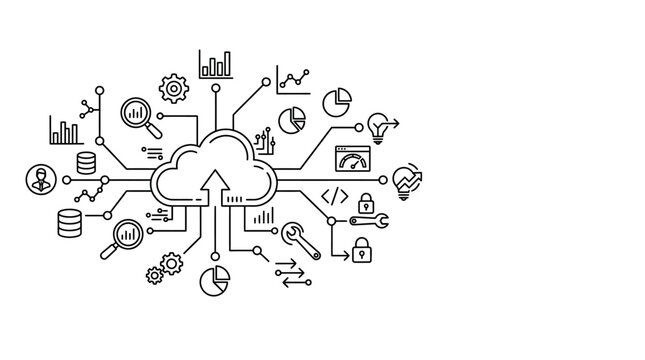 Hand drawn cloud computing network diagram with various technology icons.