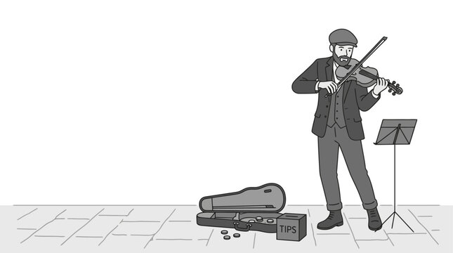 A street musician playing the violin with a case and music stand.