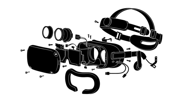 Exploded view diagram of a virtual reality headset showing internal components.