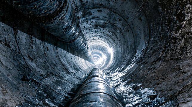 Confined space inside underground tunnel. Construction from engineering technology for infrastructure i.e. power line or cable, steel pipe in perspective view. To transport water, gas and electricity.
