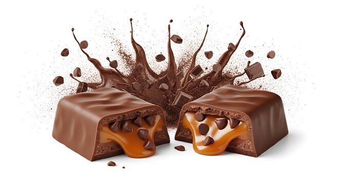 Chocolate Candy Bar Breaking Apart with Caramel and Chocolate Splash