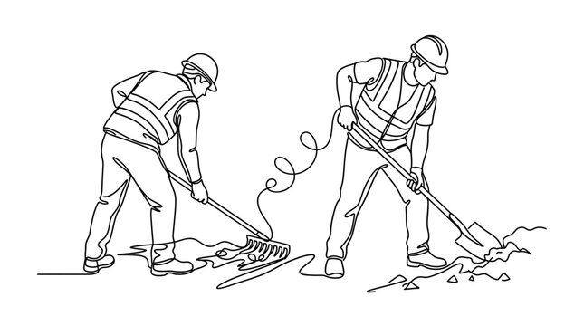 Continuous line drawing of two construction workers performing manual labor tasks.