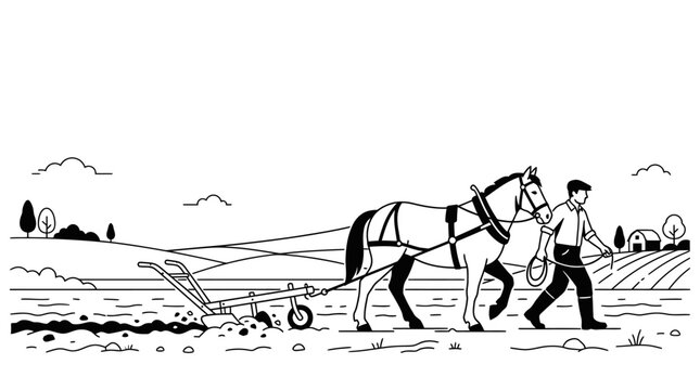 A farmer guiding a horse pulling a plow through a field.