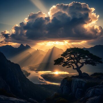 Dramatic sunset with sunbeams piercing through clouds over a mountain valley and a lone tree