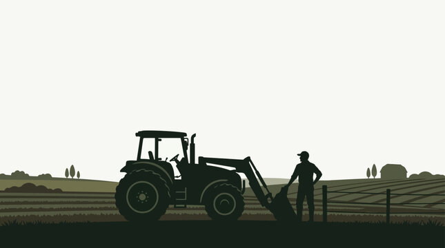 Silhouette of a farmer standing next to a tractor with a front loader.