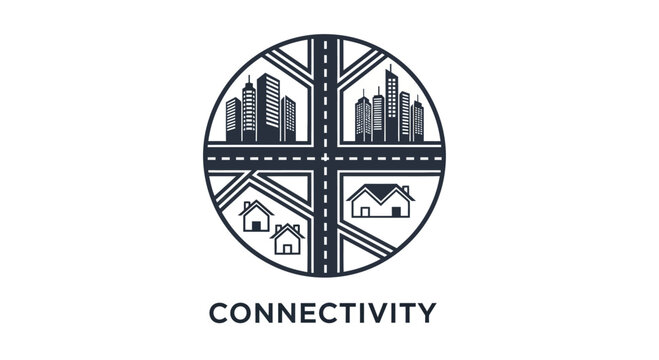 Minimalist circular connectivity logo featuring city skyline and suburban housing with intersection road grid.