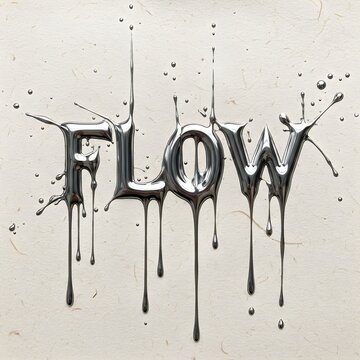 Liquid metal word FLOW dripping on textured paper