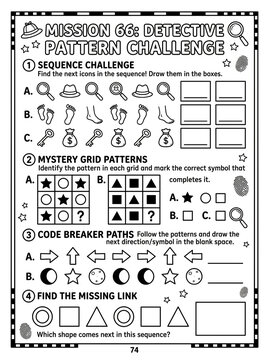 Educational detective pattern challenge worksheet for kids solving sequence puzzles mystery grid symbols code breaker exercises black and white printable activity sheet with magnifying glass icons
