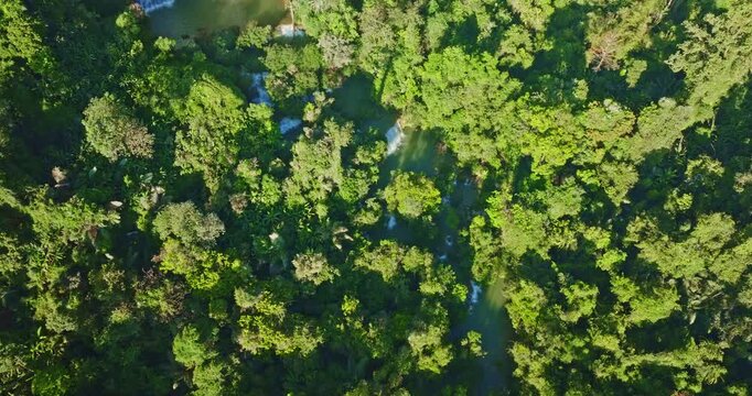 The spectacular landscape of Thi Lor Su Waterfall features a wide waterfall stream, sea of mist, mountain peaks, and vibrant tropical rainforest, creating one of the most beautiful natural 