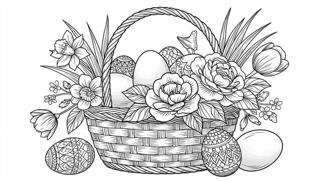 Easter Basket with Floral Decoration in Zentangle Pattern Line Drawing