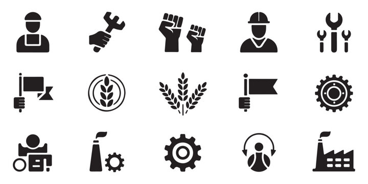 Set of industrial worker and labor icons representing manufacturing, agriculture, and social movements, modern flat design.