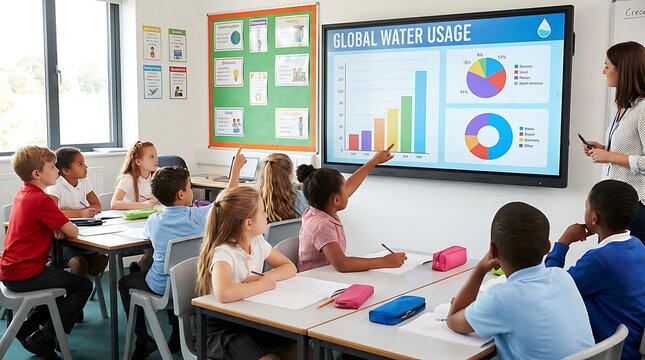 Diverse group of young students sitting in a modern classroom watching an educational presentation on a digital interactive whiteboard displaying colorful data graphs and financial charts.