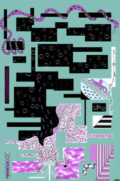Abstract surreal labyrinth concept with a purple snake, black geometric shapes, floating bubbles, blue glass shards, stairs and mystical roots on a turquoise background