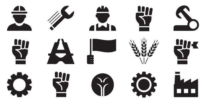 Industrial and labor icon set with workers, tools, factories, gears, protest symbols, and wheat for diverse projects.