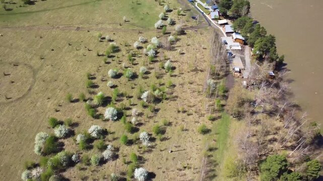 Aerial View Of Riverside Valley Cottages And Winding Road Along Muddy River, Pastoral Fields And Orchard Patches, Rural Homestead Lifestyle And Agrotourism Potential Captured By Drone, Peaceful Spring