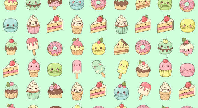 Kawaii Desserts Pattern: Cute Cakes, Donuts, Ice Cream, and Pastries on Pastel Green Background