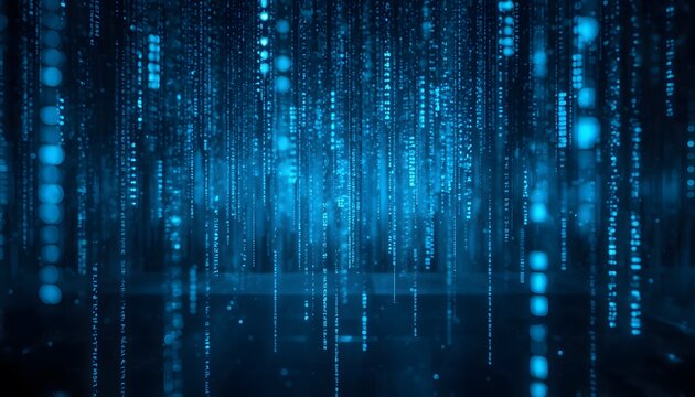 Digital matrix rain effect with glowing blue vertical lines of binary code data streaming.