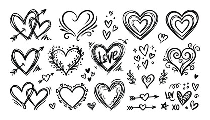 Obraz premium Hand drawn heart collection with arrows floral elements and love typography