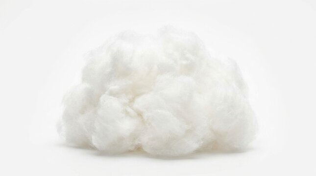 A close-up studio shot of a fluffy white cotton ball or synthetic fiberfill mass isolated on a plain white background, showing detailed fibrous texture and soft cloud-like structure.