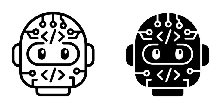 Cute Robot Head Icons, Coding AI Character, Technology and Artificial Intelligence Vector Graphics