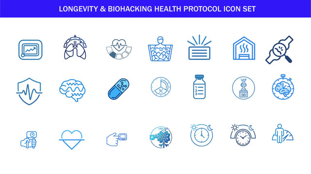 Longevity and biohacking line icons for cellular health optimization anti aging protocols and metabolic wellness science