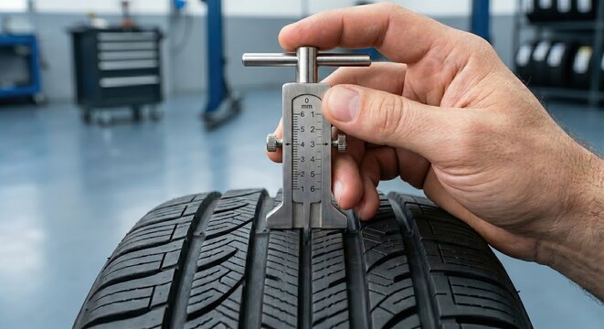 Close-up of a mechanic checking tire tread depth with a gauge tool in an auto repair shop. Maintenance, vehicle safety, and tire wear inspection concept