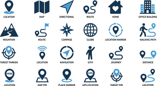Navigation map icons set with GPS tracking pointer location pins and journey route details vector