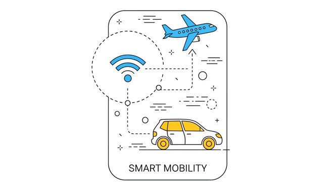Smart mobility concept illustration with airplane and car connected by wireless technology.