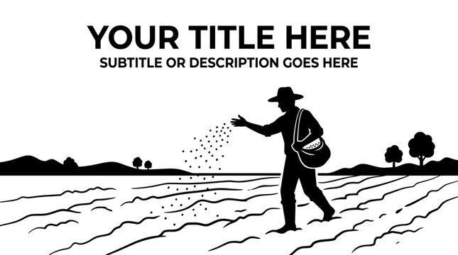 Silhouette illustration of a farmer sowing seeds in a field for agricultural concept.
