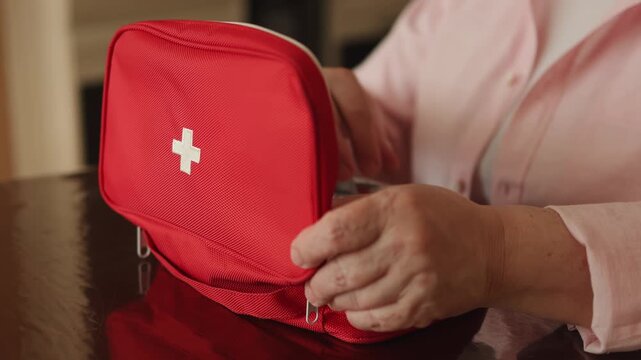Elderly woman. First aid kit. Slow motion video. High quality 4k footage