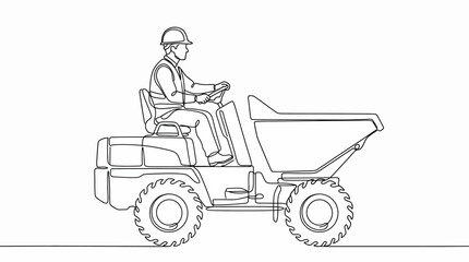 A continuous line drawing of a construction worker operating a site dumper truck. © Basma_Isyraq
