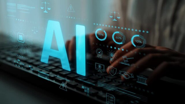 AI circuit microchip with glowing blue lines, surrounded by legal scales, warning symbols, data sheets, and binary codes, representing ethical AI, AI governance, and data integrity Marrow