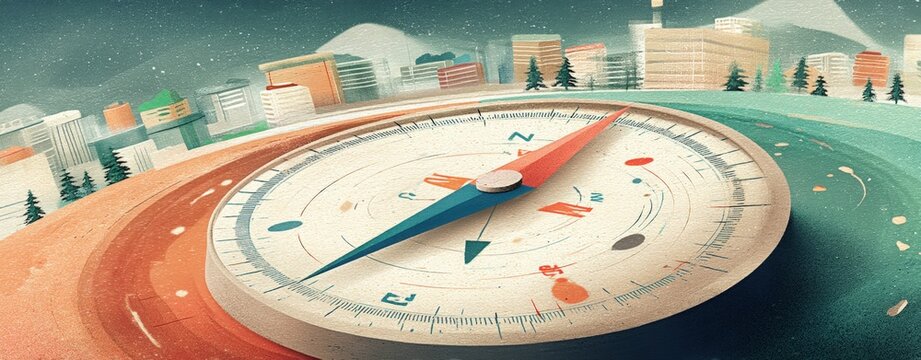 Long Detailed View of a Classic Compass Showing North Navigation in a Modern City Landscape Business Ethic transparent business ethic concept minimalist corporate ethics business illustration