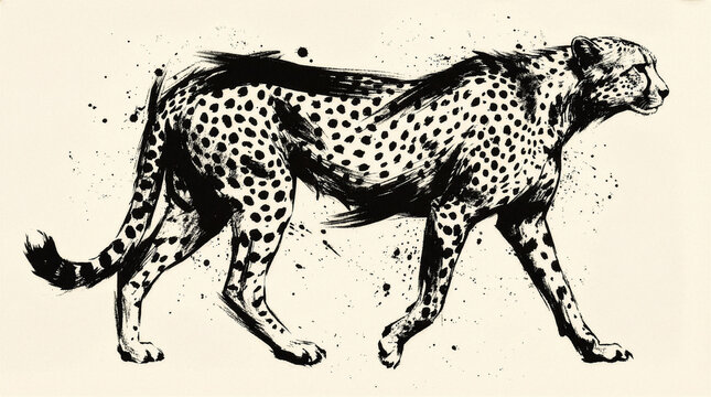 Black ink brush illustration of walking cheetah with ink splatter