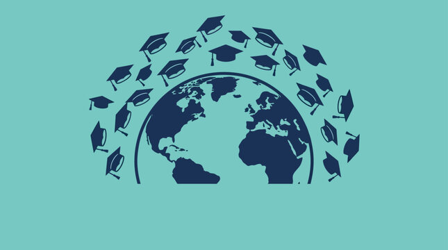 Global education concept featuring a world map surrounded by graduation caps.